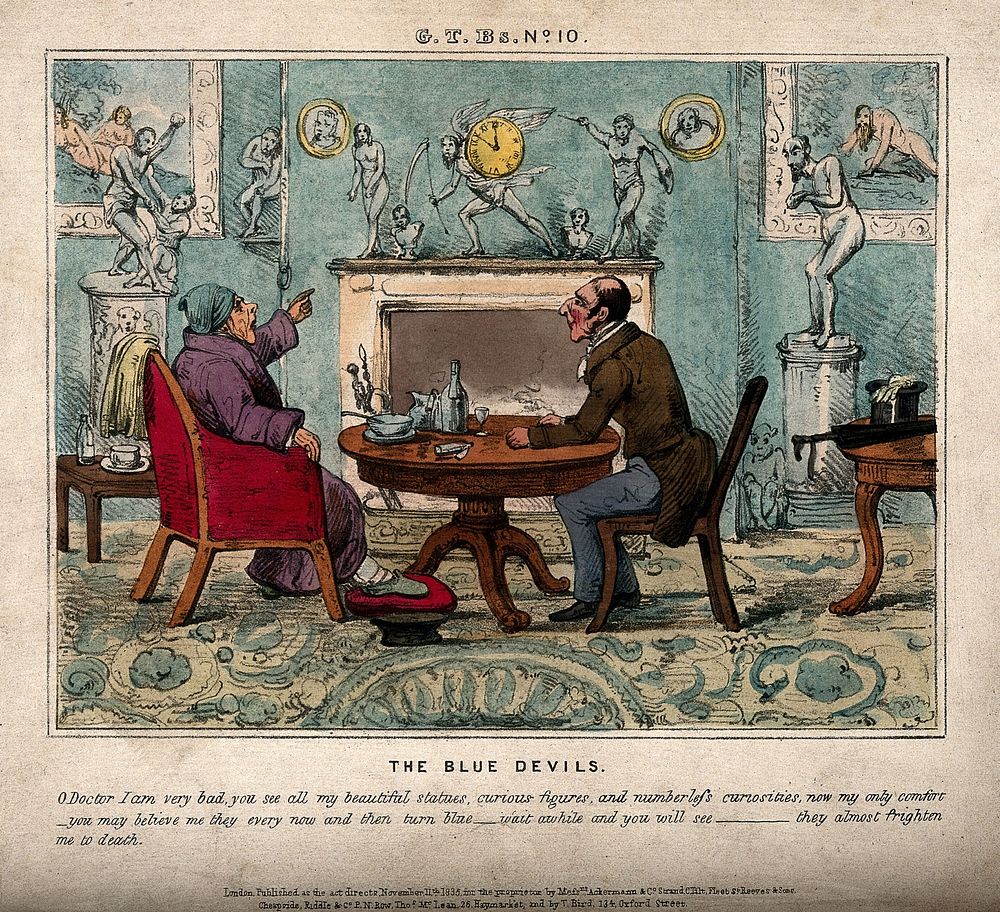 A gouty man surrounded by his collection of artefacts, telling his doctor how they keep turning blue; suggesting the man's…