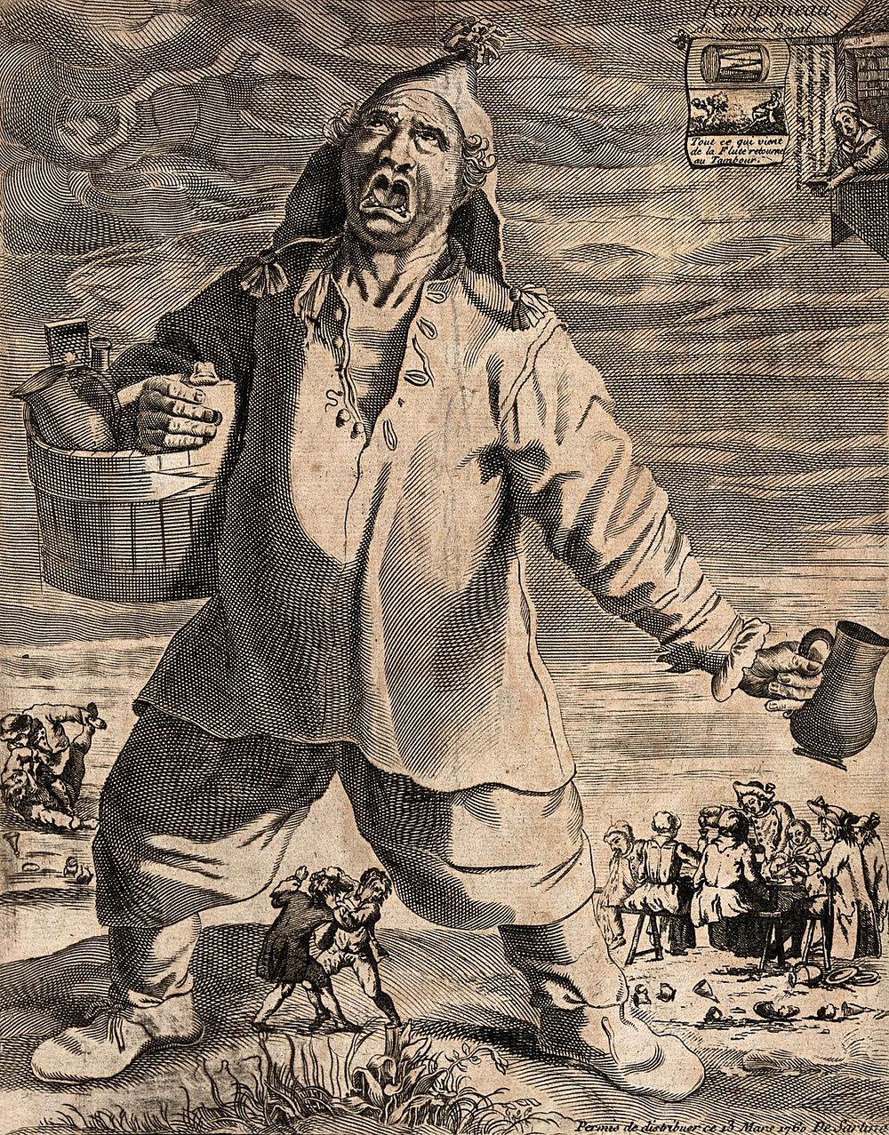 A large man carrying a tankard and a wooden half-barrel is singing, representing Jean Ramponneau and his drinking…