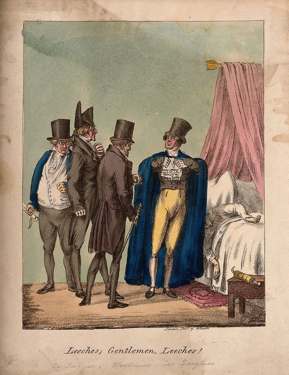 A group of fashionable physicians gathered around a sick patient listen to one of their number proclaiming the virtue of…