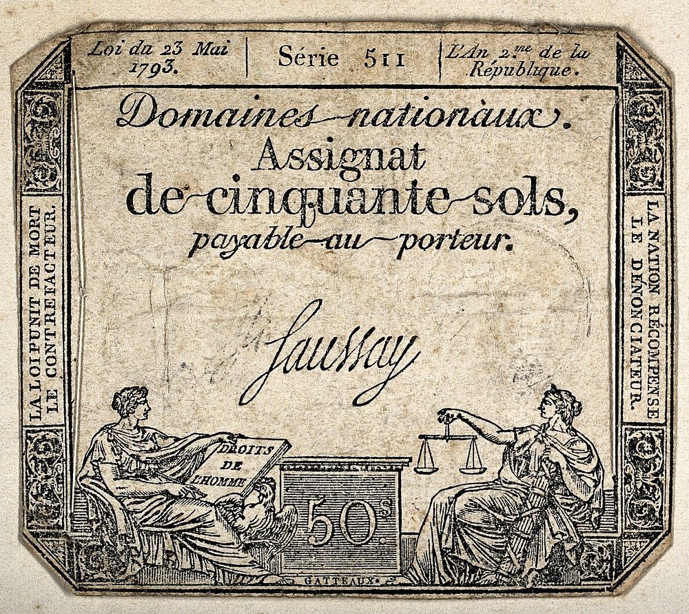 French revolutionary bank note of fifty sols, with allegorical figures of liberty and justice. Engraving by N.M. Gatteaux…