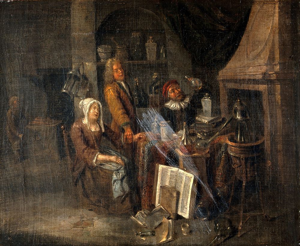 A physician, a woman patient and an alchemist . Oil painting attributed to Jan Josef Horemans I.