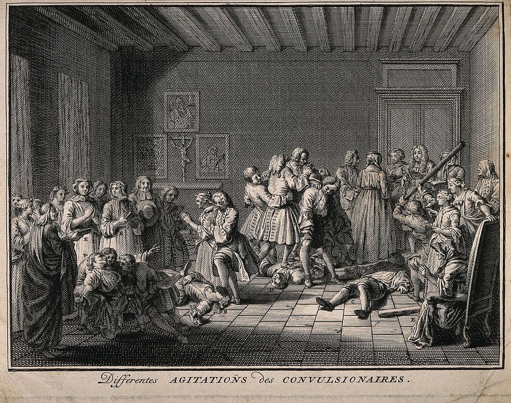 Members of the Jansenist sect having convulsions and spasms as a result of religious fanaticism. Engraving by B. Picart.