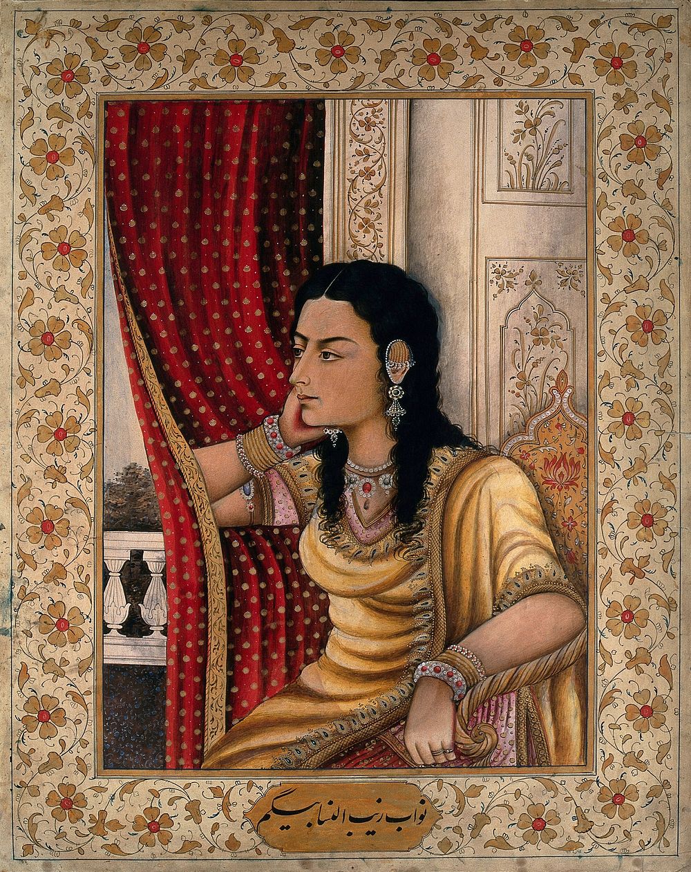 A Mughal courtesan or member of a royal family looking out of a window: three quarter profile. Gouache painting by an Indian…