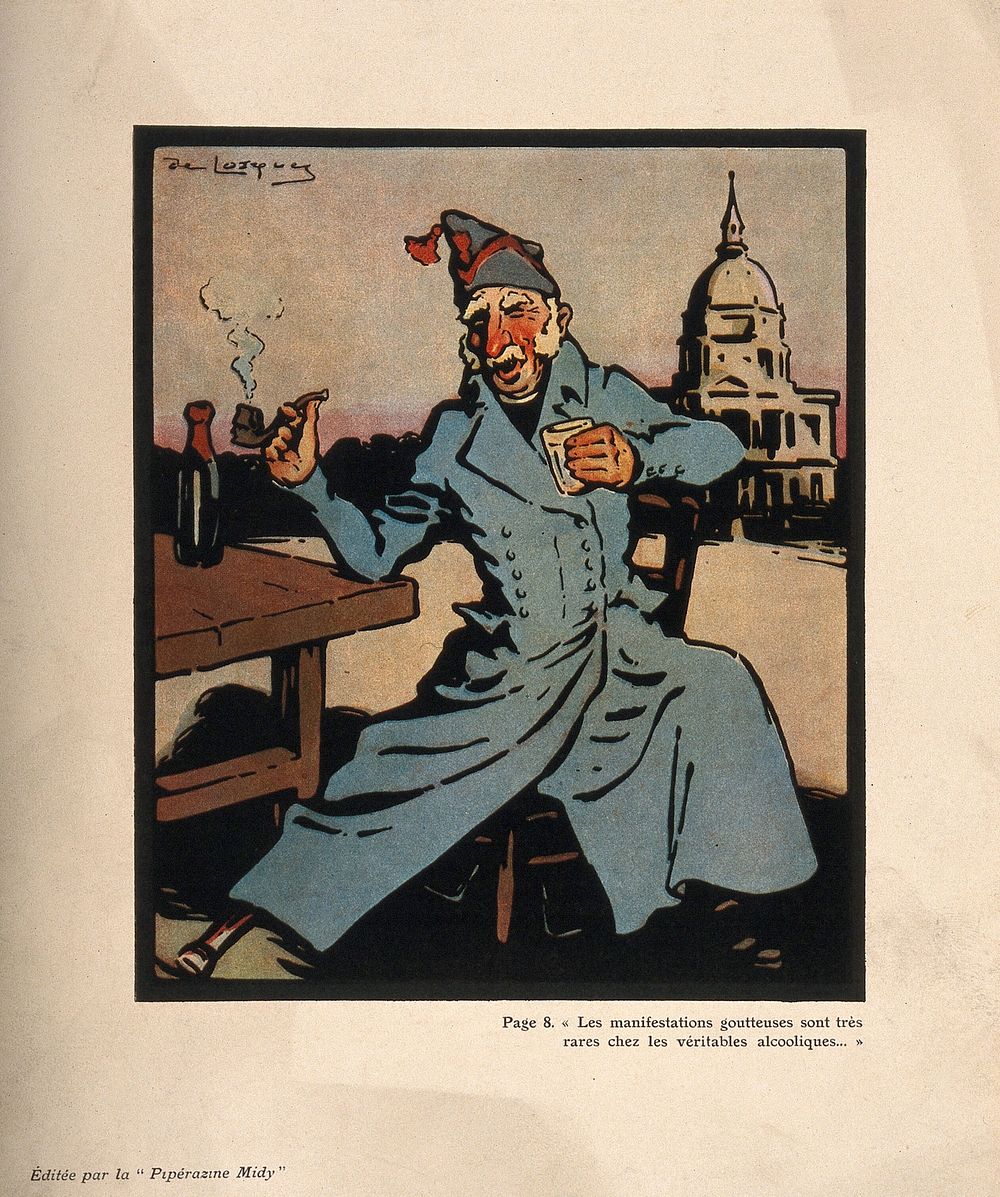 A veteran of Hotel des Invalides resists gout on account of his formidable alcohol consumption. Colour photomechanical…