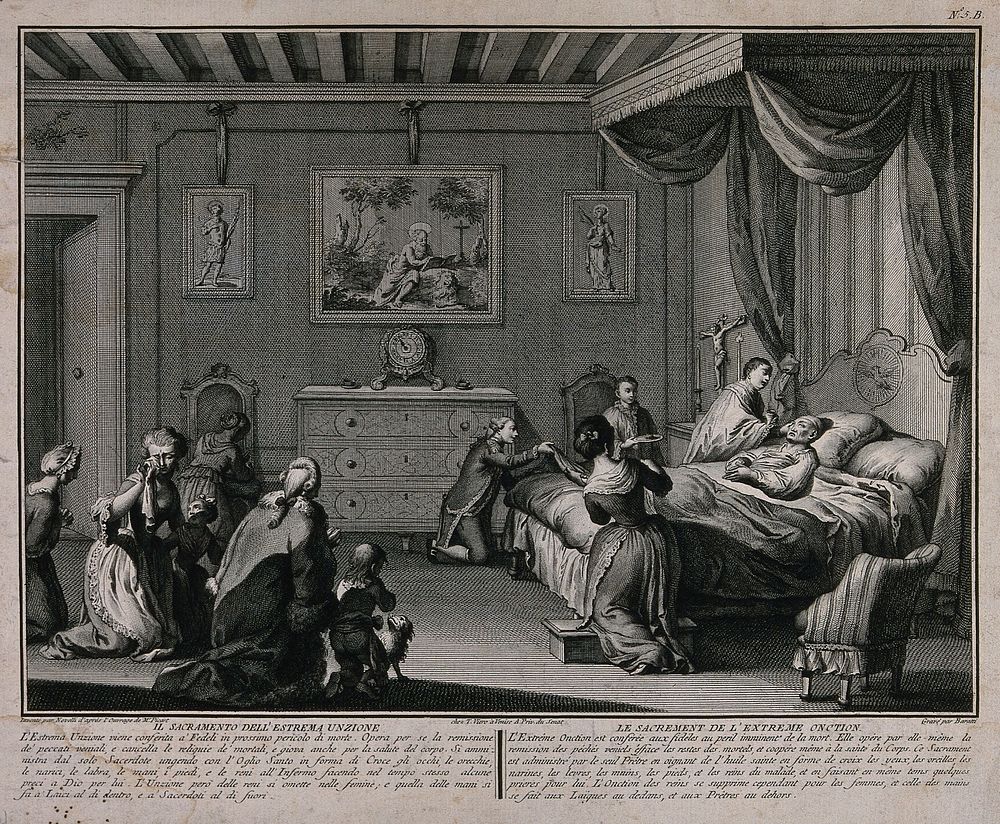 A dying man receiving extreme unction from a priest while surrounded by servants and his grieving family. Etching by A.…