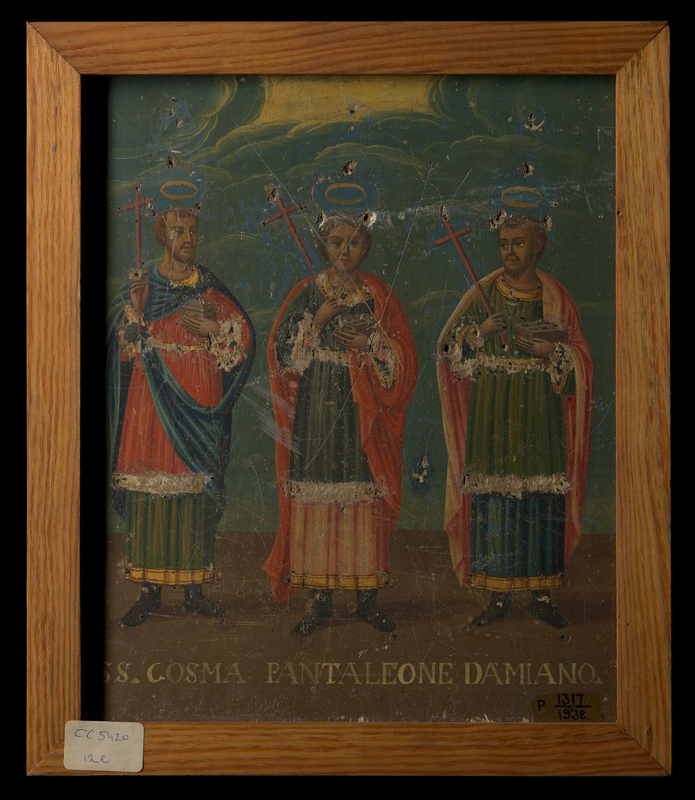 Saint Cosmas, Saint Panteleimon, and Saint Damian. Oil painting.