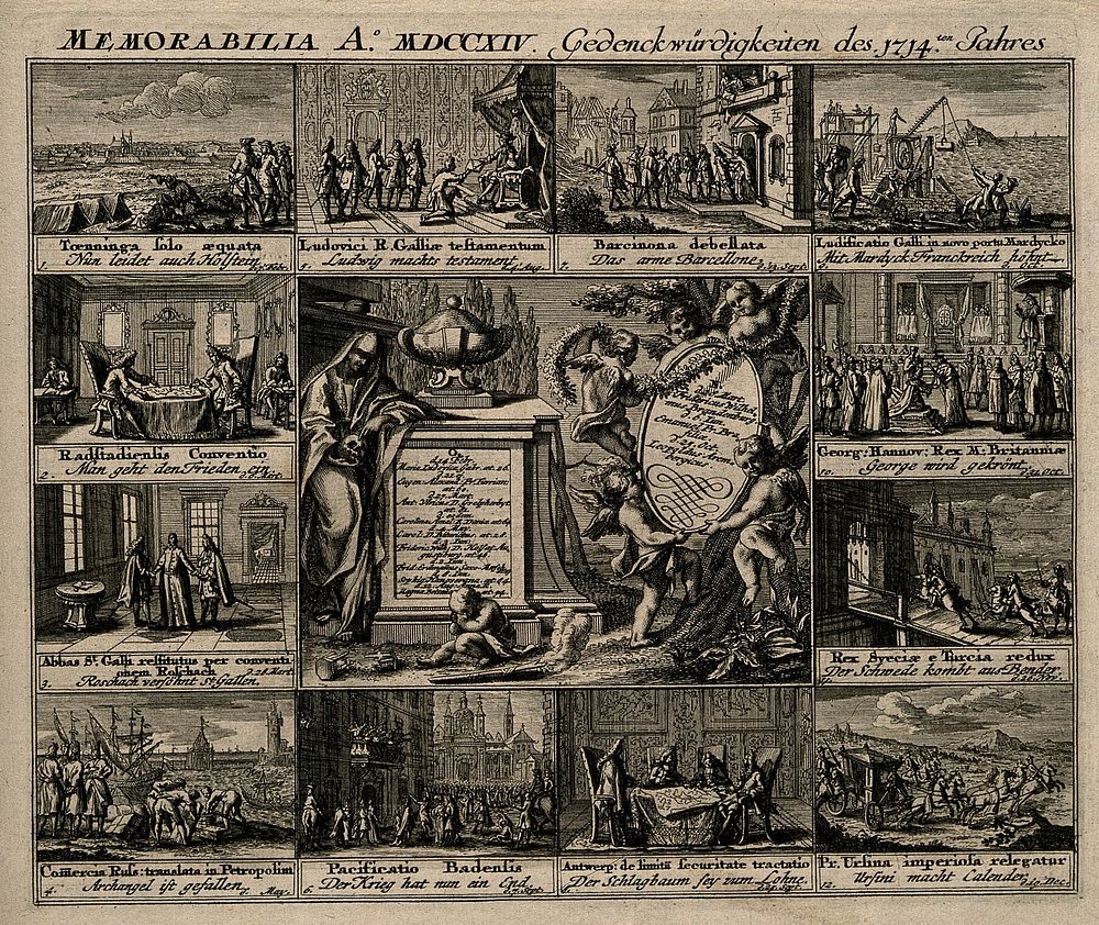 Memorial of European events in the year 1714. Engraving by Christoph Weigel, c. 1722.