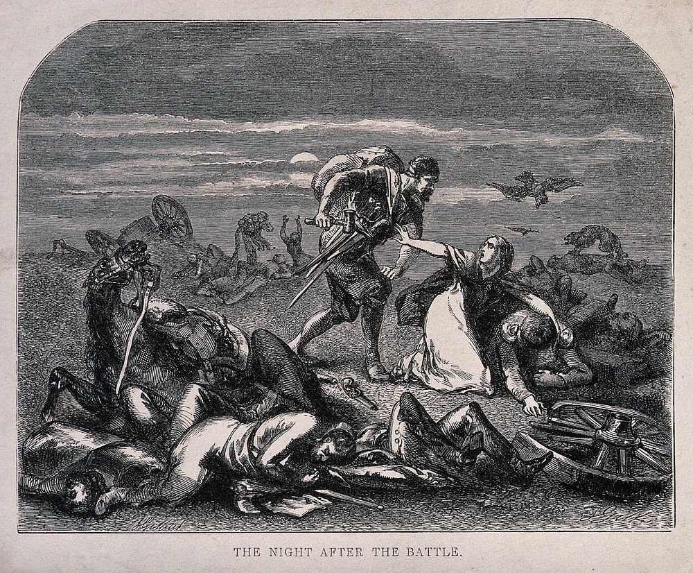Nocturnal scene on a battlefield:a woman nursing a wounded soldier is pleading with a man intending to plunder the bodies to…