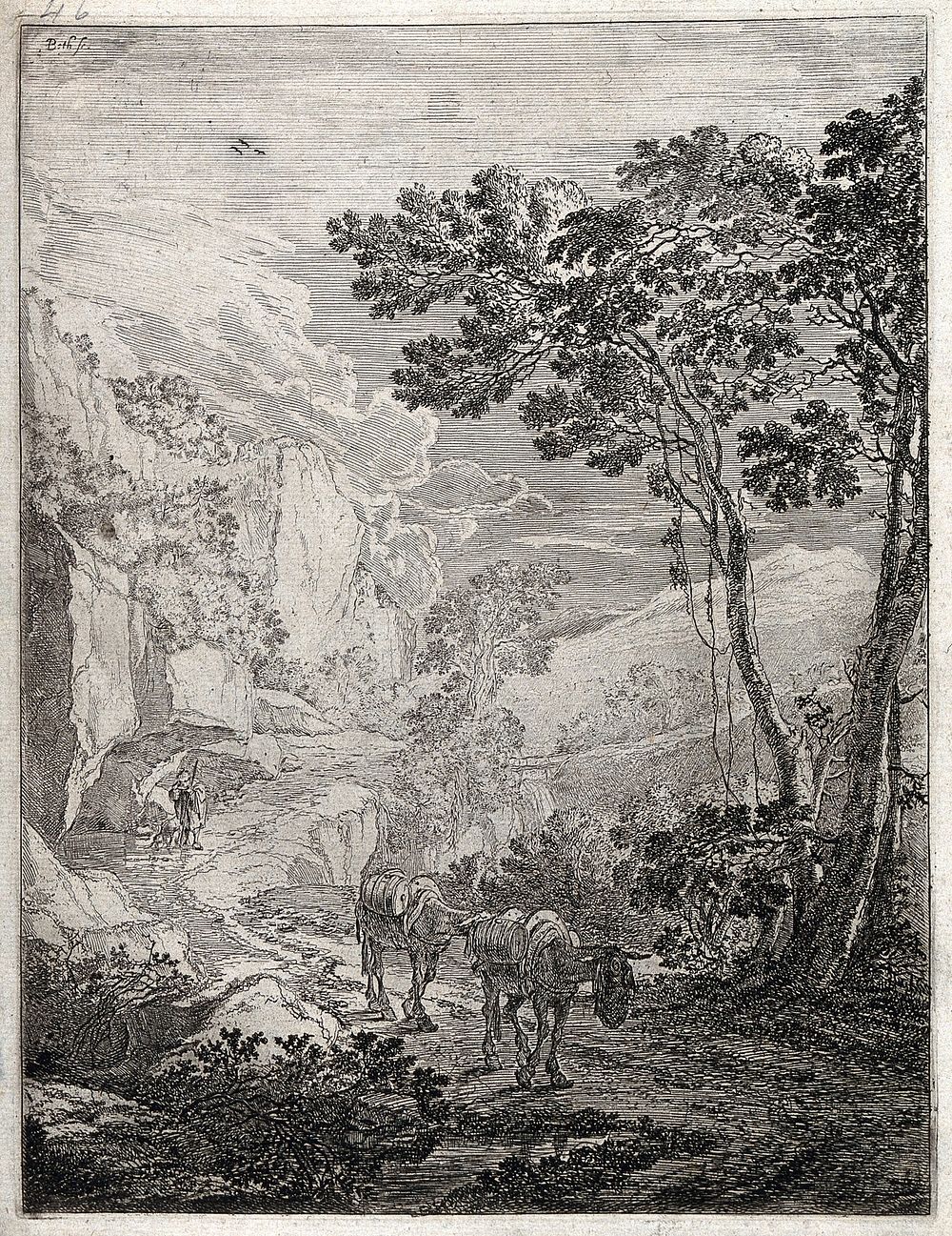 Two mules laden with barrels walking along a mountain path with their drover at a distance behind them. Etching by J. D.…