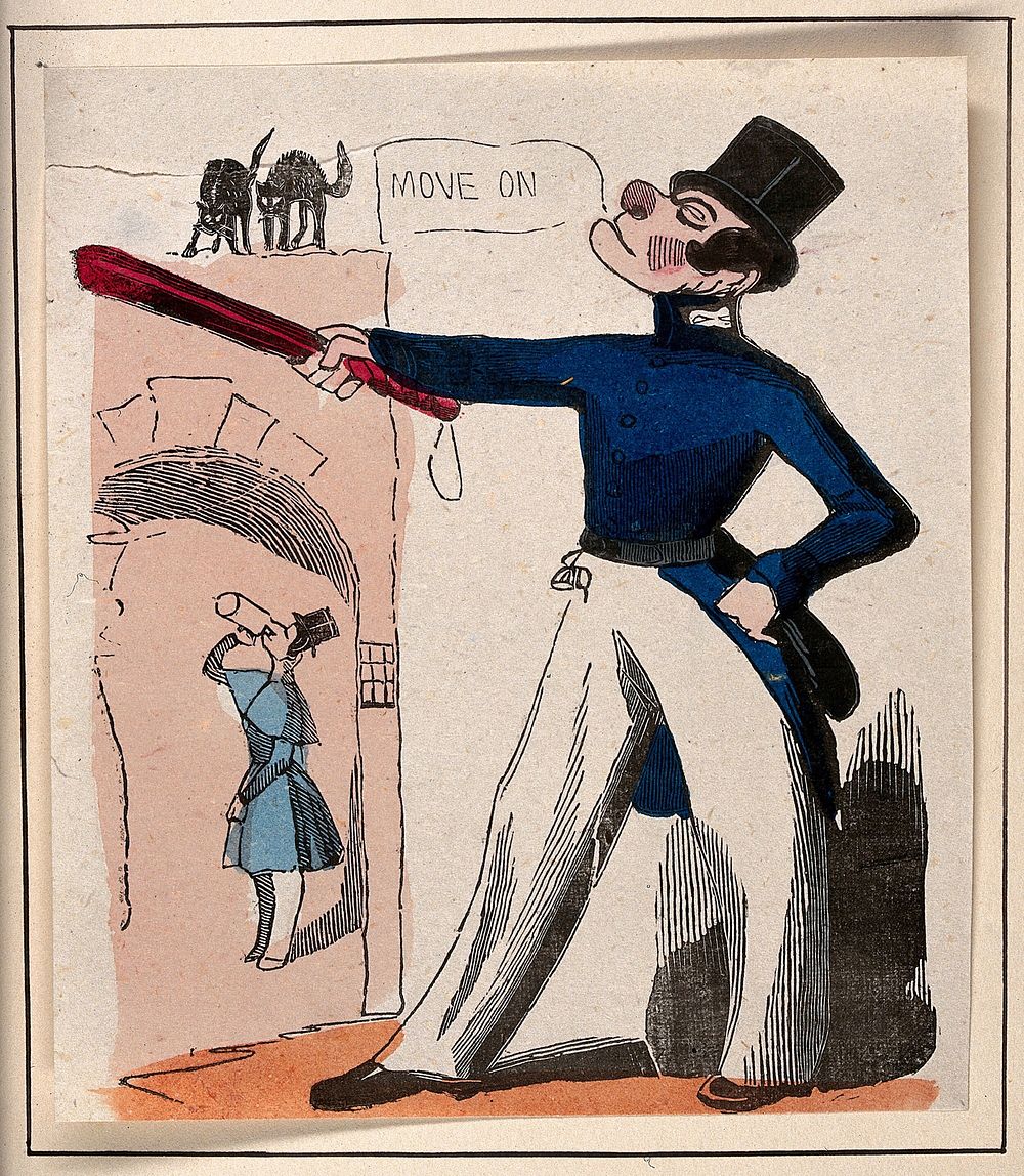 A man in a policeman's uniform is pointing with a large truncheon at a man with a tankard under the arch, two black cats on…