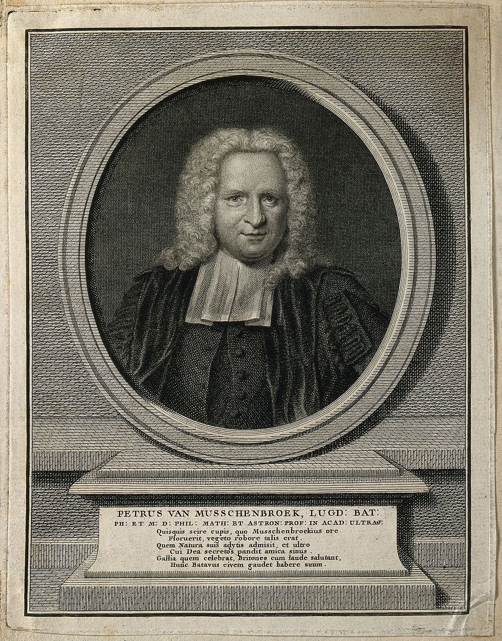 Pieter van Musschenbroek. Line engraving by Hubert after J. M. Quinkhard, 1738.