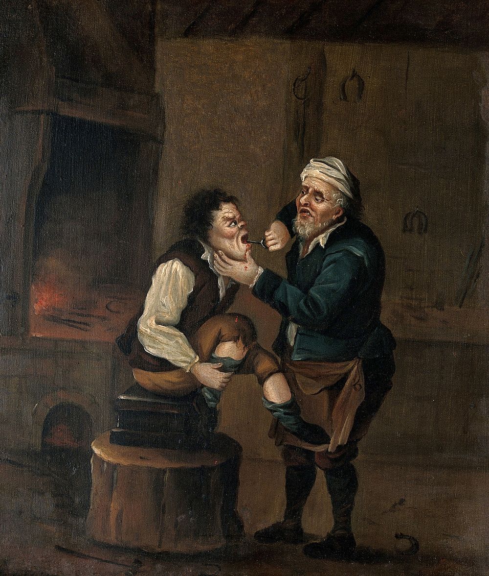 A farrier extracting a tooth from a man's mouth. Oil painting by a follower of D. Teniers II.