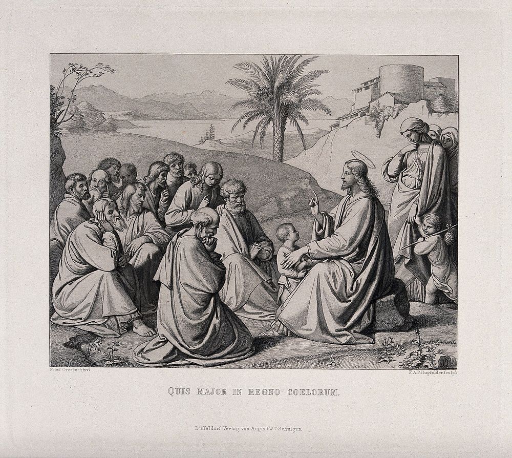 Christ tells the apostles that to be as humble as a child makes one the greatest in the kingdom of heaven. Etching by A.…