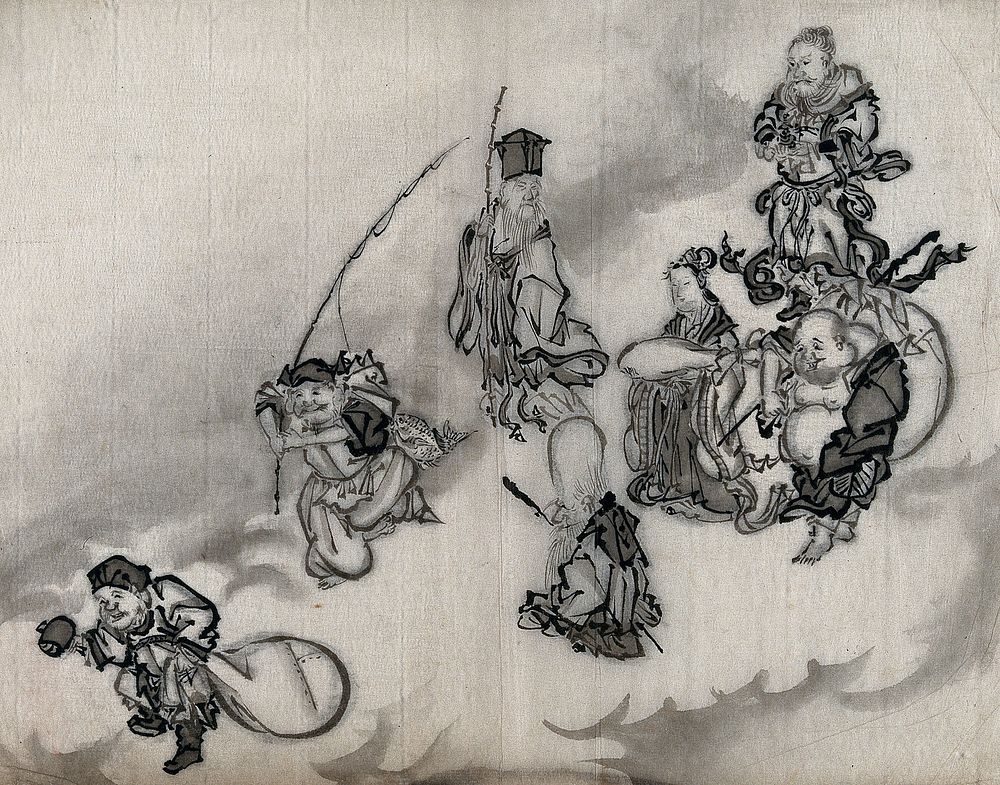 Procession of seven Chinese figures. Painting by a Chinese painter.