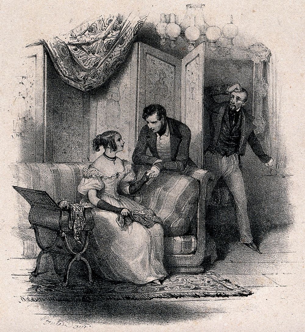 Jealousy: a young woman sits on a sofa talking to a young man as an older man comes rushing through the door looking…