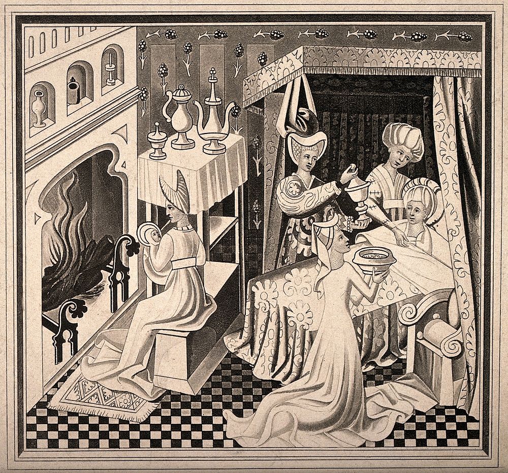 The birth of Saint Edmund, he is being nursed by a midwife while his mother rests in bed and is aided by assistants, 1433.…