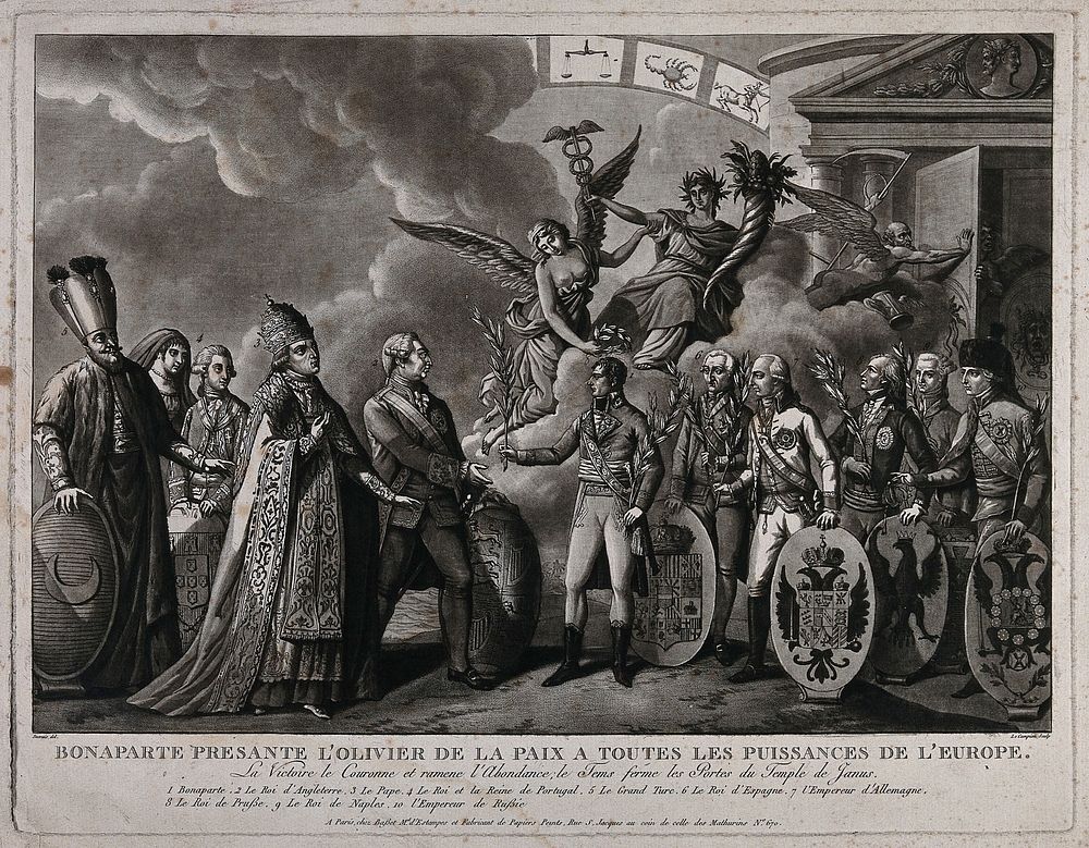 Napoleon Bonaparte presenting olive branches to all the powers of Europe. Aquatint by Le Campion after C.-L. Desrais.