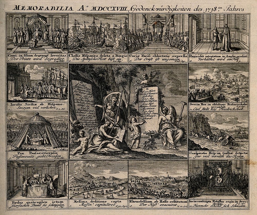 Memorial of European events from the year 1718. Engraving, c. 1722.