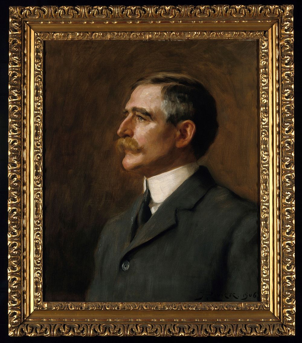 Henry Solomon Wellcome: head and shoulders. Oil painting by Hugh Goldwin Riviere, 1906.