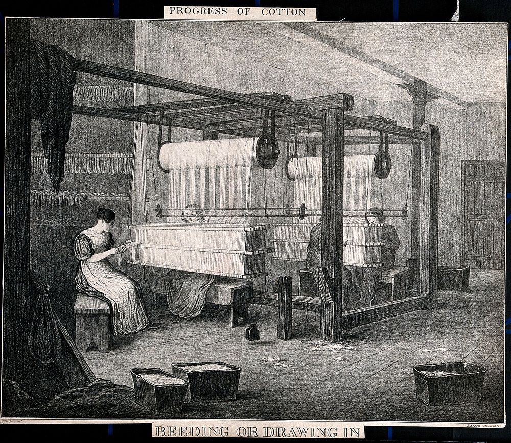 Women and children are working at large cotton looms. Lithograph after J.R. Barfoot.