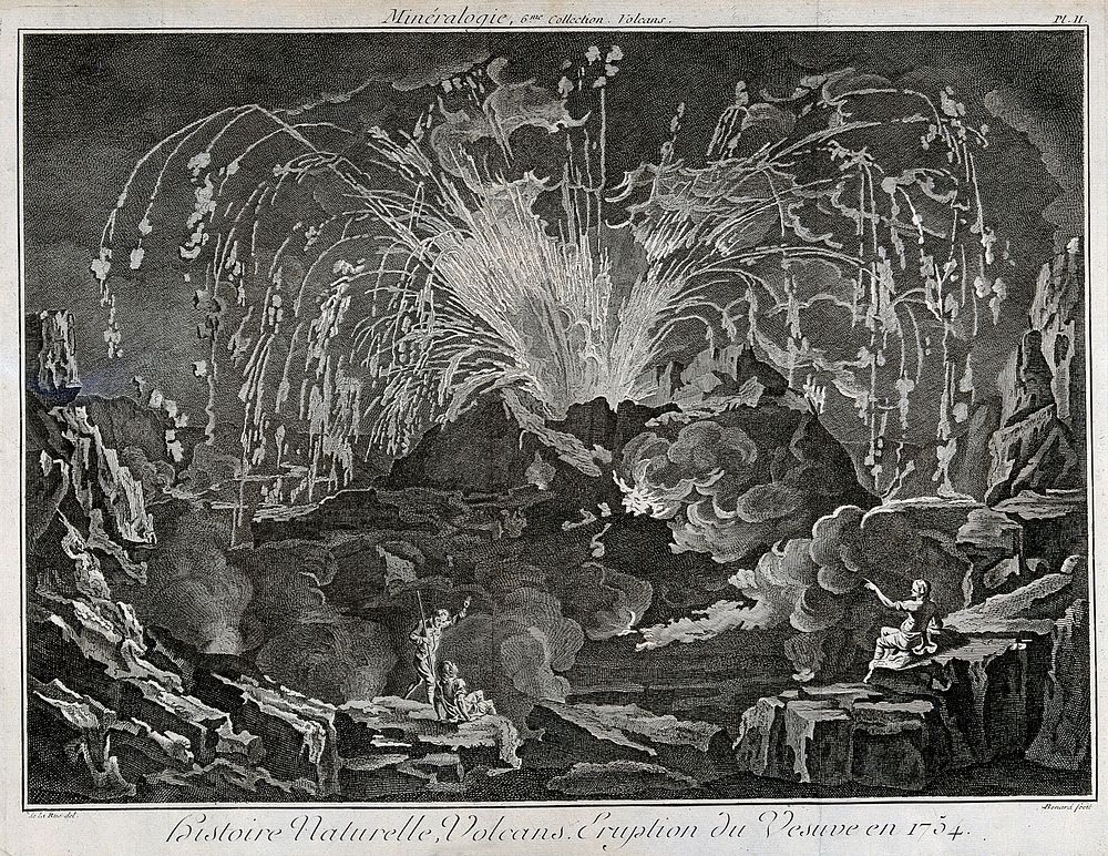 Mount Vesuvius erupting dramatically in 1754, with three spectators looking on. Etching by R. Benard after Delarue.