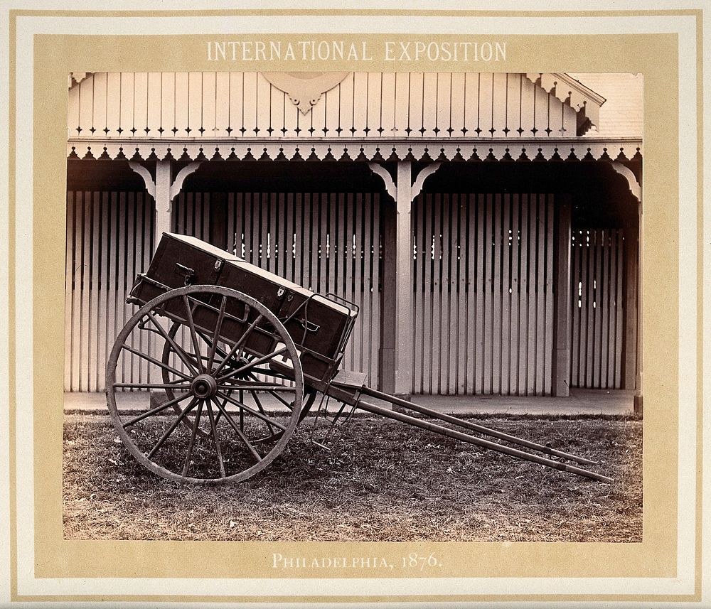 Philadelphia International Exposition, 1876: U.S. military medicine cart prototype. Photograph, 1876.