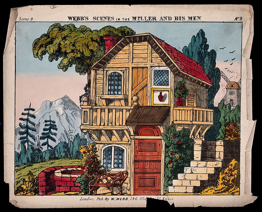 Scenery to be used in a toy theatre: a chalet. Coloured lithograph.