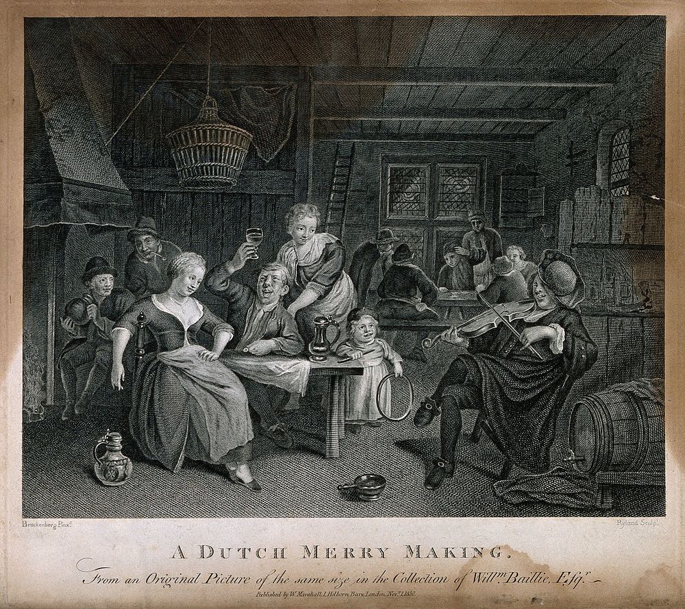A fiddler plays in a tavern with a family drinking at one table and others in the background. Engraving by Ryland after R.…