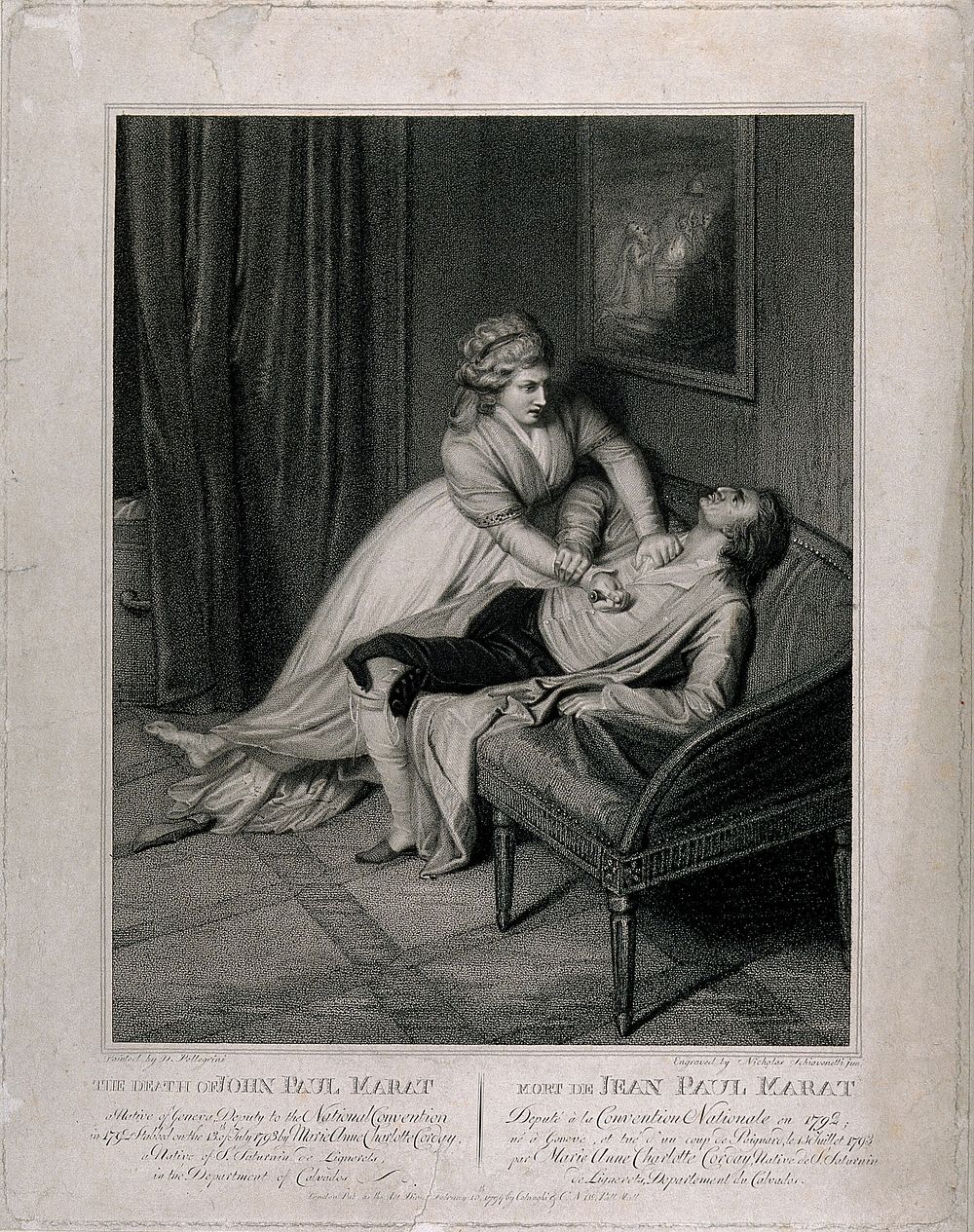 Charlotte Corday stabbing Marat on a settee. Stipple print by N. Schiavonetti, 1793, after D. Pellegrini.