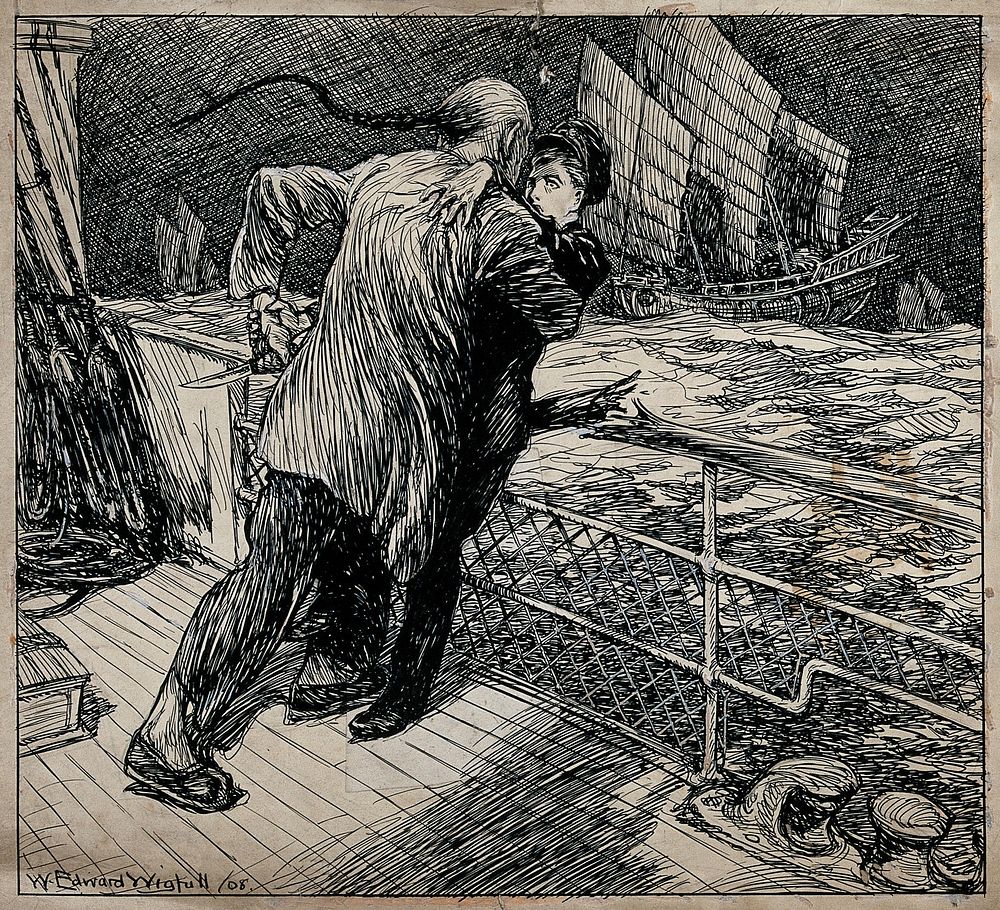 A Chinese man with a knife trying to kill a young sailor on a ship. Drawing by W. E. Wigfull, 1908.