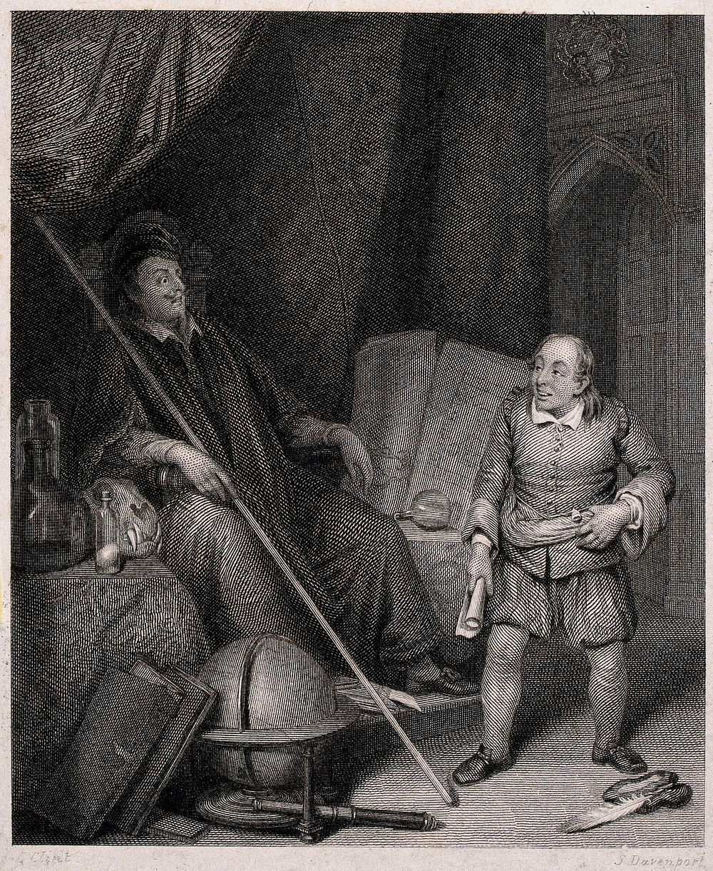 A man with a rolled sheet of paper in his hand is talking to another man in a gown and a hat who is sitting in a large…