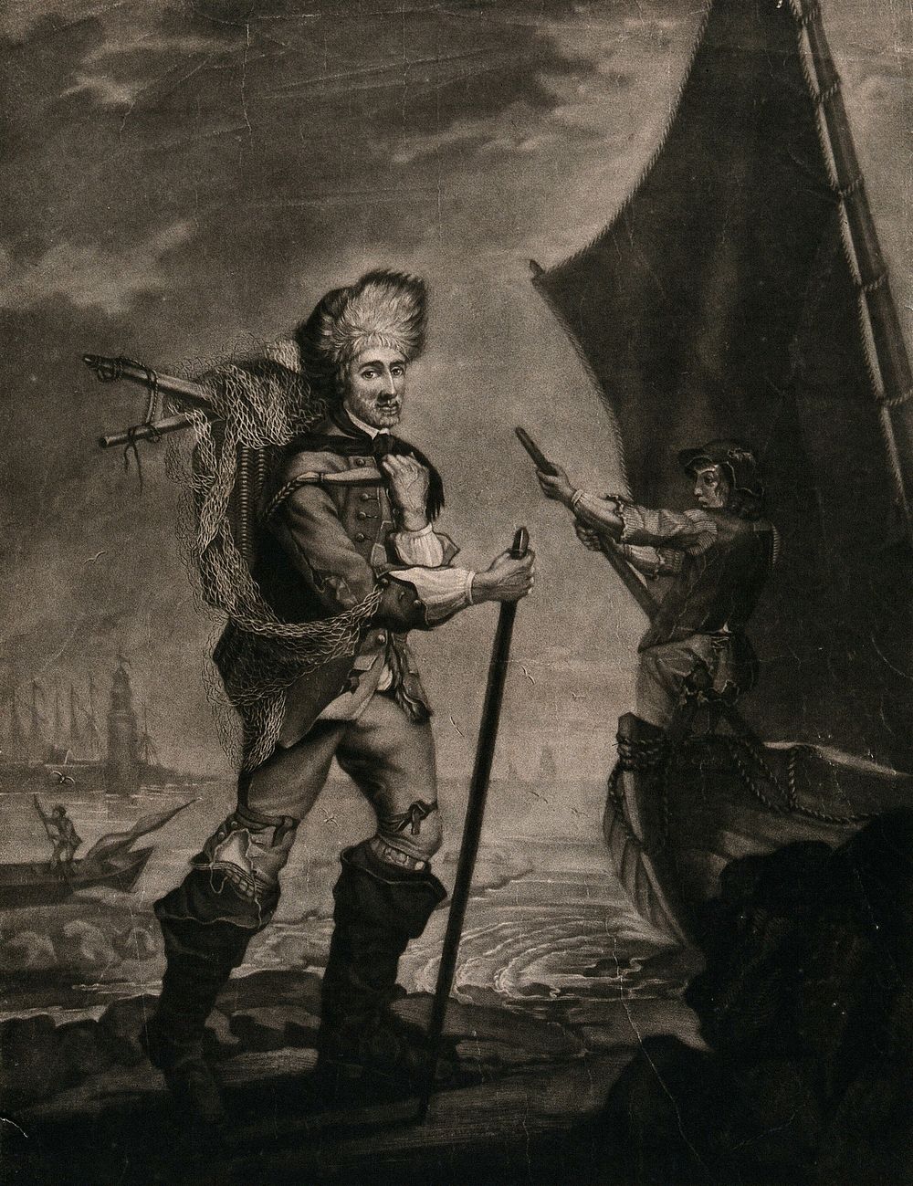 A fisherman is standing on a rock with his nets and baskets strapped to his back. Mezzotint by J. Jones after G. Carter.