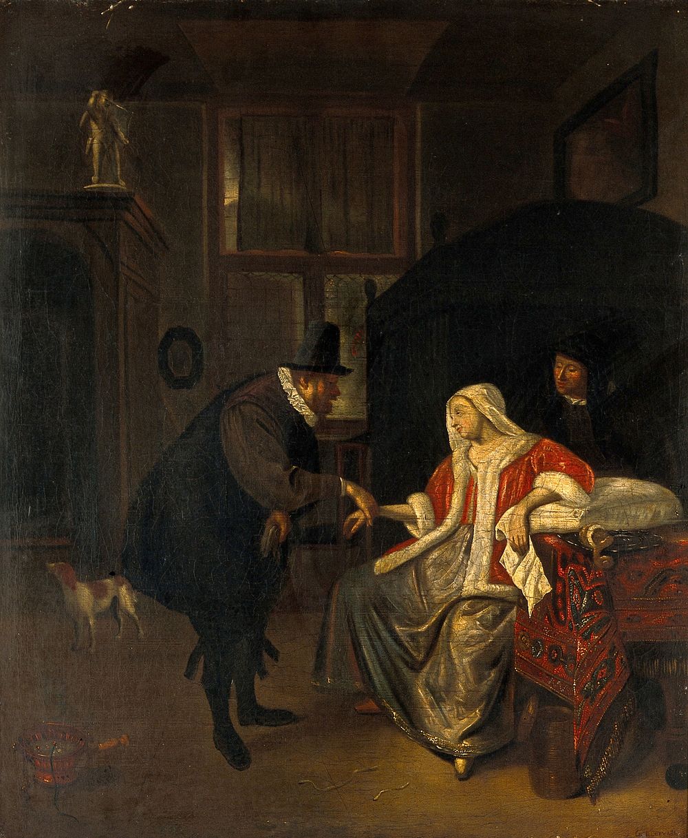A physician taking the pulse of a lovesick girl. Oil painting after Jan Havicksz. Steen.