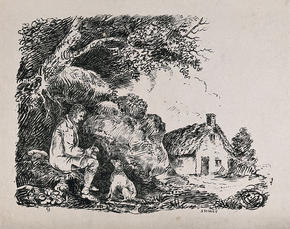 A young man seated under a tree, peeling an apple, with a dog; cottage in the background. Soft-ground etching by S. Jenner.