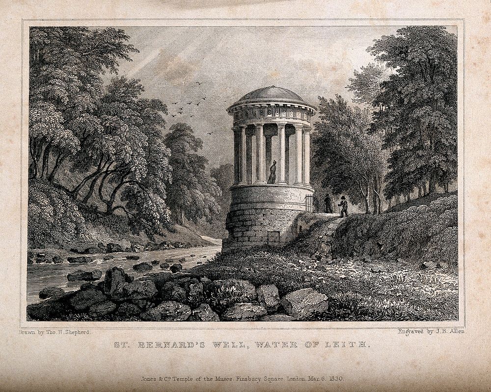 St. Bernard's Well by the River Leith, Edinburgh, Scotland. Line engraving by J.B. Allen, 1830, after T.H. Shepherd.