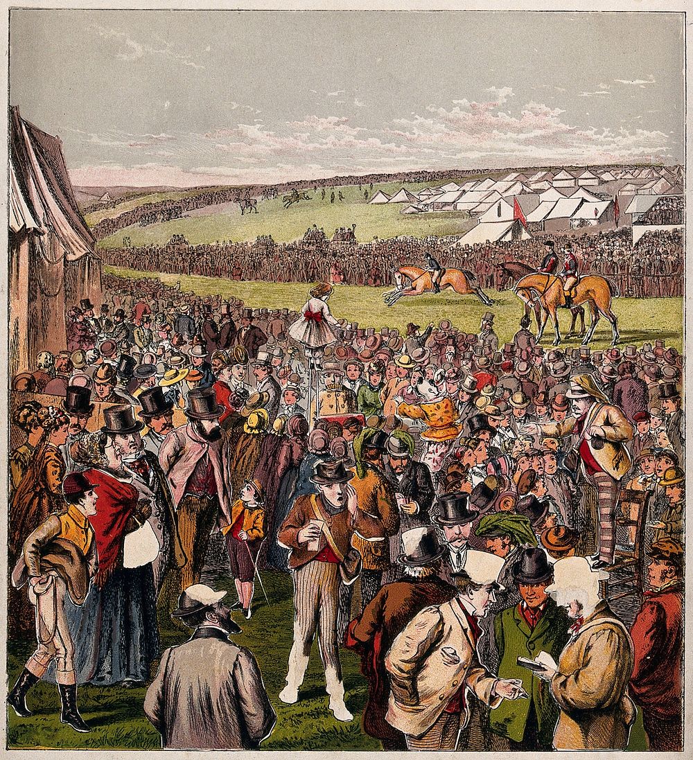 Crowds of people are watching the horse racing in a large field with marquees in it. Colour process print.