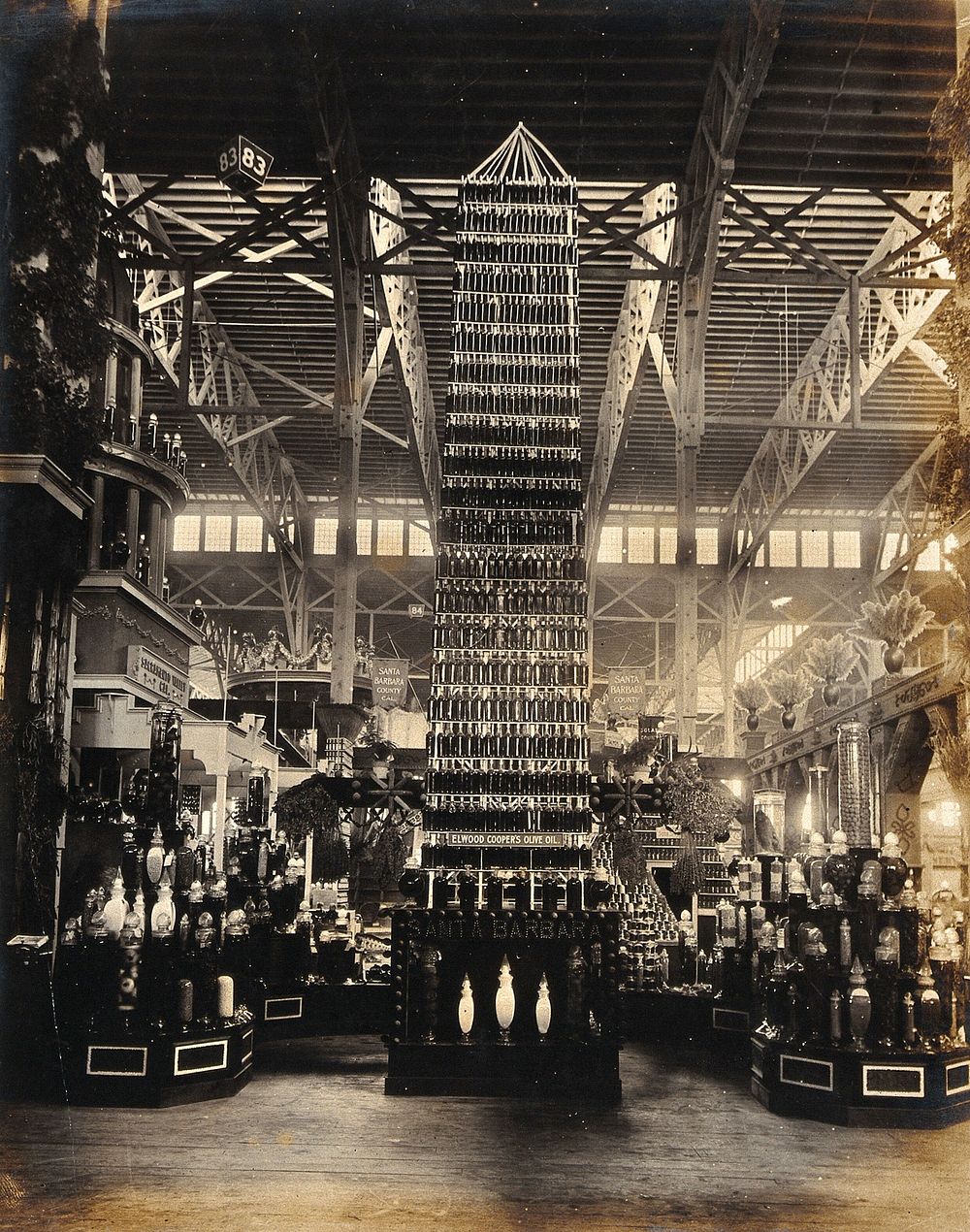 The 1904 World's Fair, St. Louis, Missouri: the Palace of Agriculture: a tower of olive oil bottles produced by Elwood…