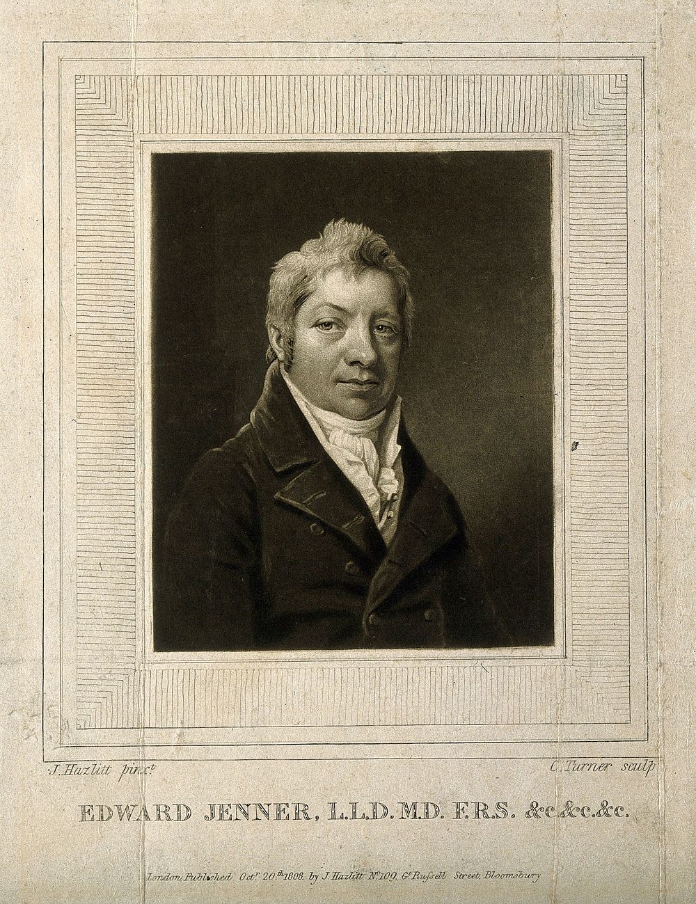 Edward Jenner. Mezzotint by C. Turner, 1808, after J. Hazlitt, 1808.