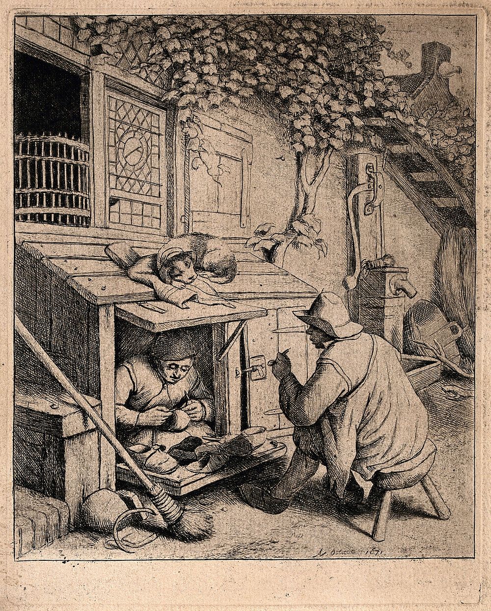 A clog-carver working in a daylight-basement with a window on to the street; another man sits on a stool in the street…