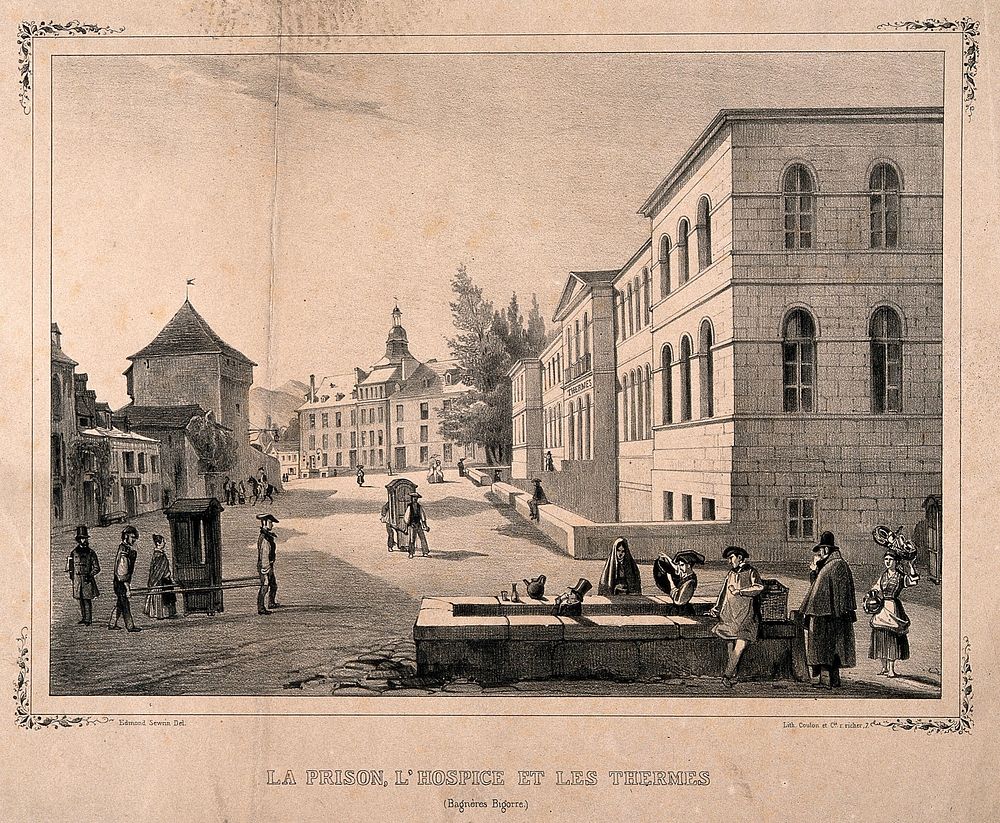 The prison, retirement home and thermal baths, Bagnères de Bigorre. Lithograph after E. Sewrin.