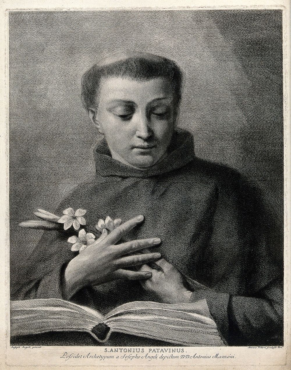 Saint Antony of Padua. Line engraving by M. Pitteri after G. Angeli.
