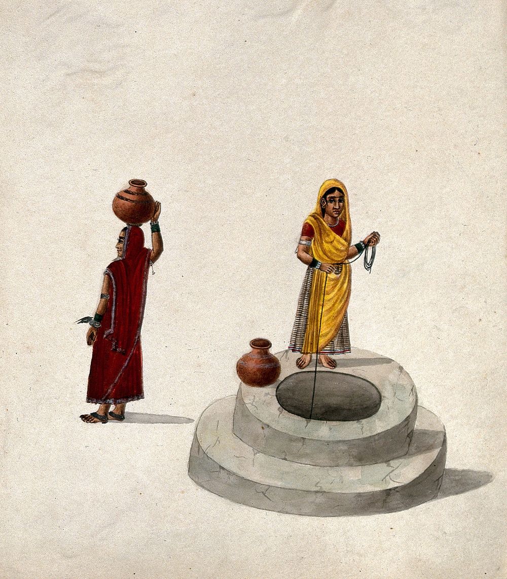 A woman drawing water from a well. Gouache painting by an Indian artist.