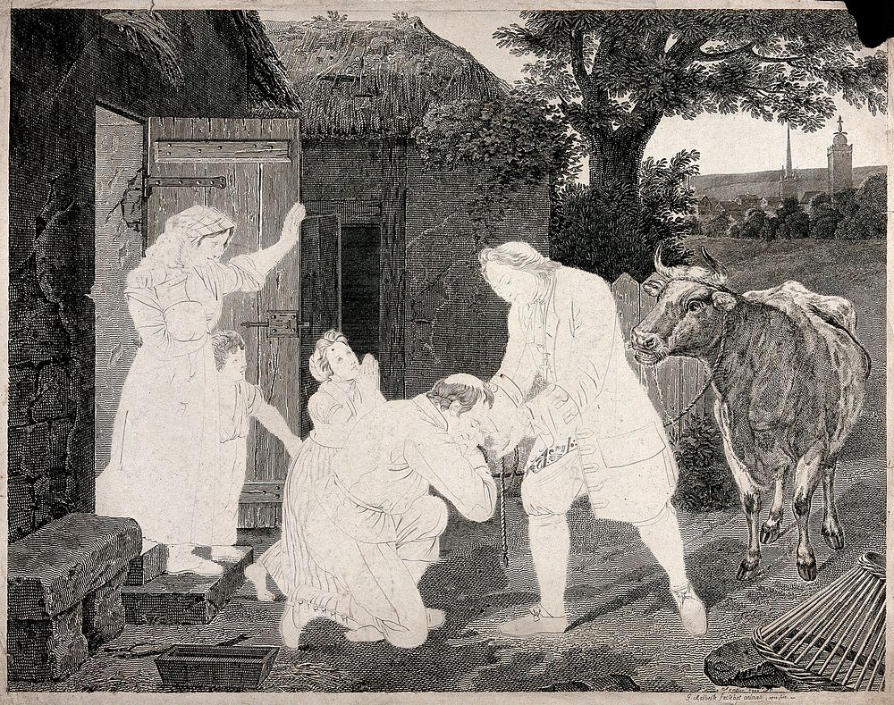 A man bringing a cow to the home of another man who, with his family, greets and supplicates him. Etching by C.-F. Fortier…