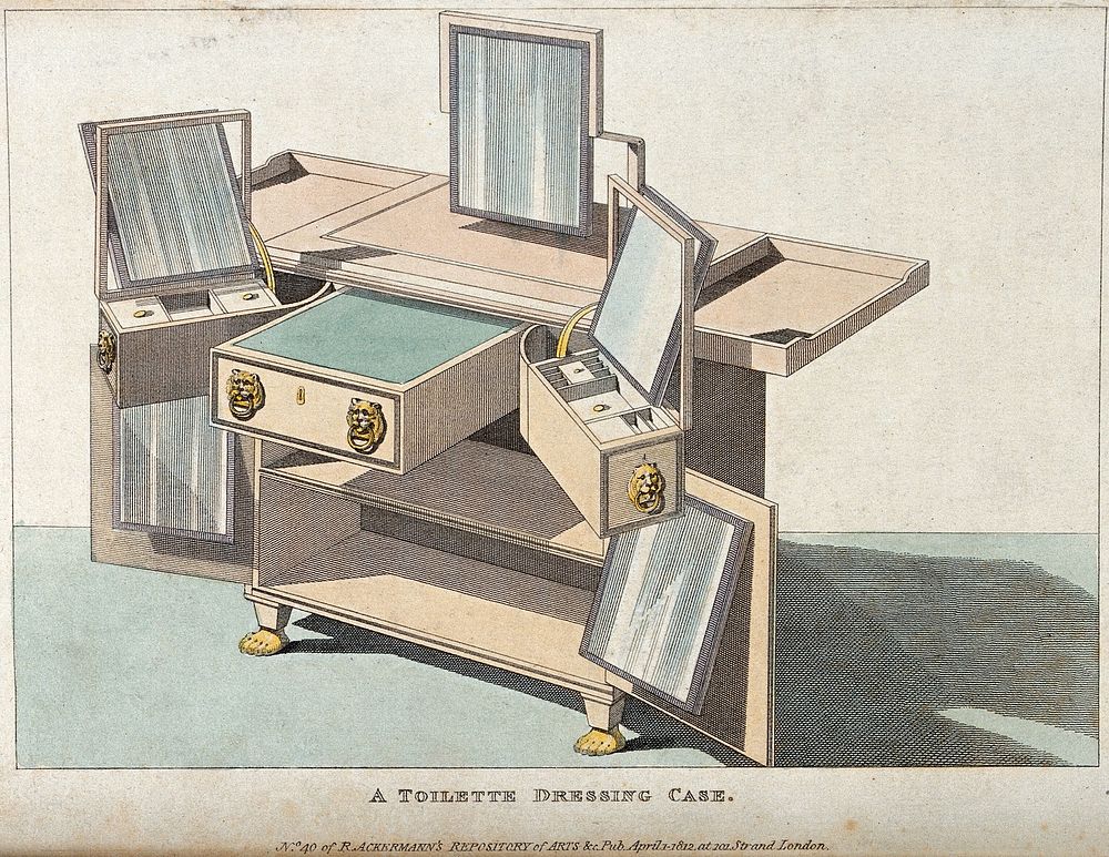 A dressing table. Coloured engraving.