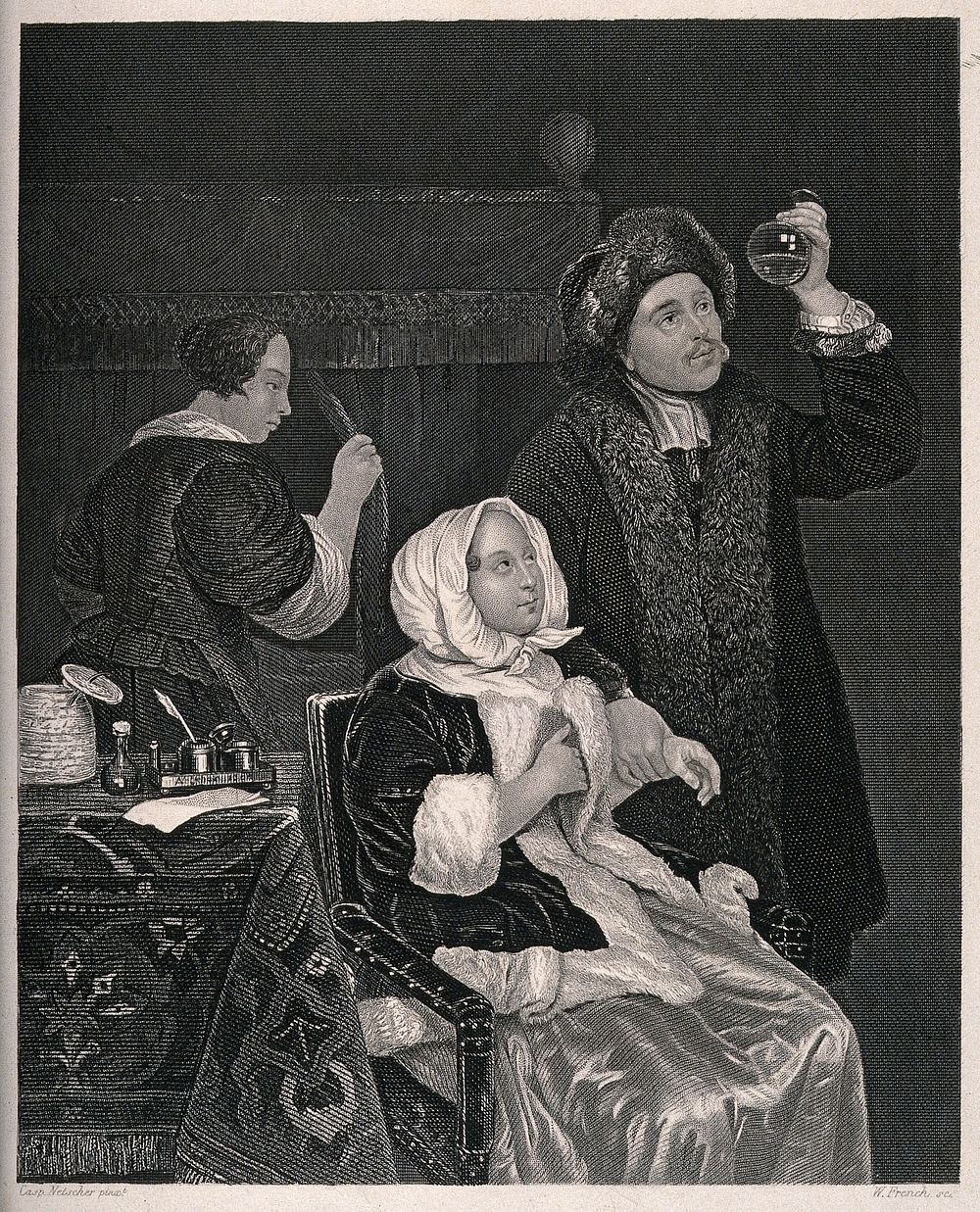 A physician examining a urine specimen and taking the pulse of a sick woman. Engraving by W. French after C. Netscher.
