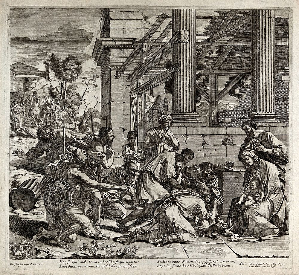 The adoration of the magi next to a ruined temple. Etching by chevalier H. d'Avice after N. Poussin.