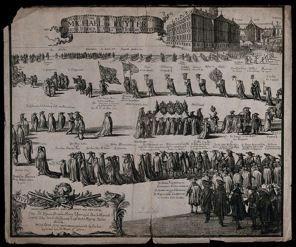 The funeral procession of the Dutch naval commander de Ruyter in 1677. Etching.