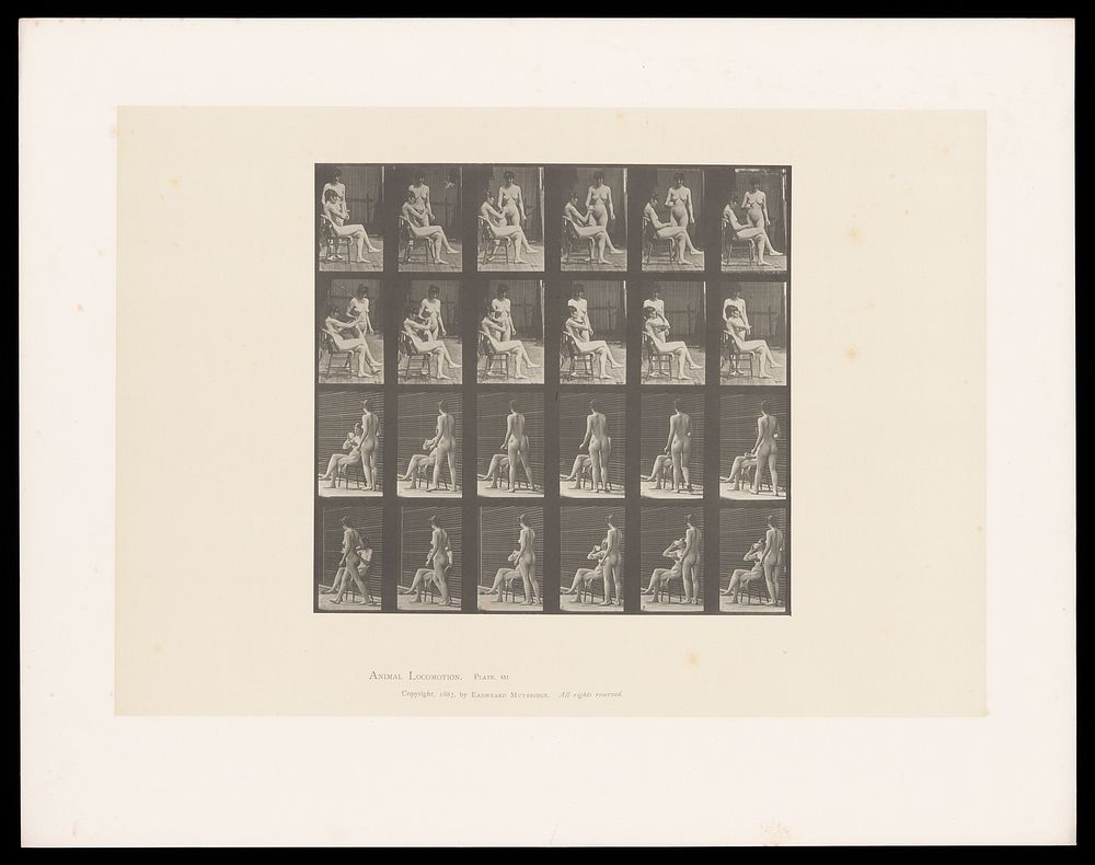 A woman sitting on a chair being given a drink by another woman. Collotype after Eadweard Muybridge, 1887.