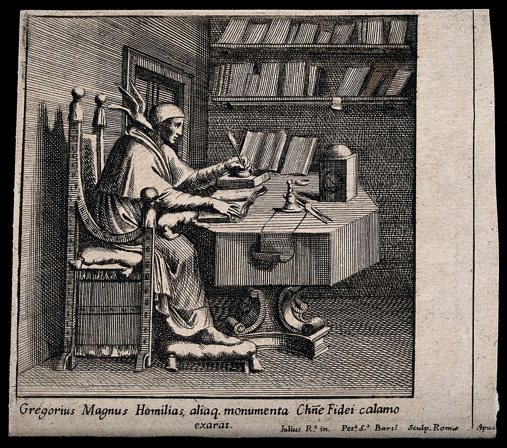 Saint Gregory in his study writing his homilies. Engraving by P.S. Bartoli after G. Romano.