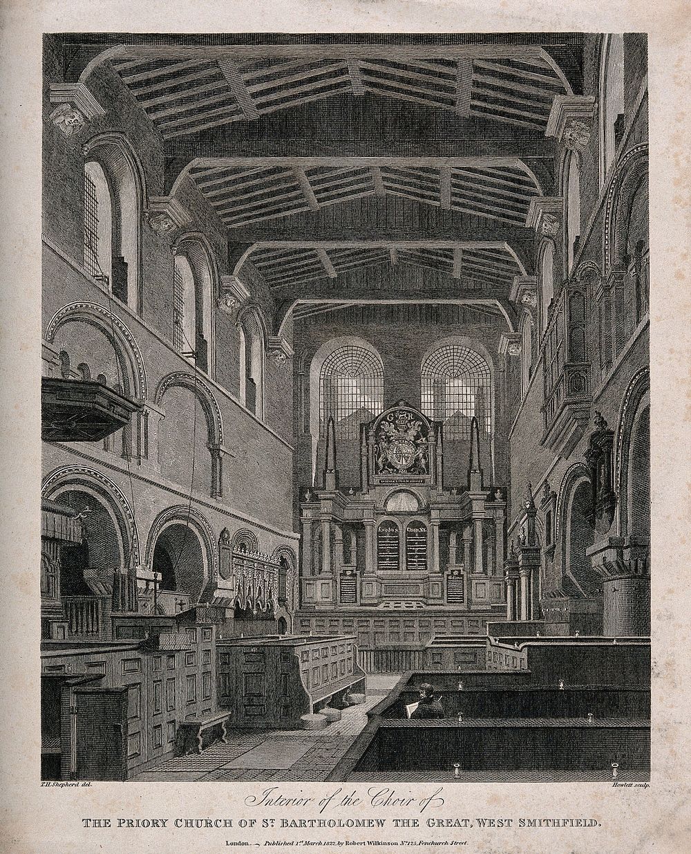 St Bartholomew's Priory, London: the interior looking towards the altar with the artist seated in a pew, drawing. Engraving…